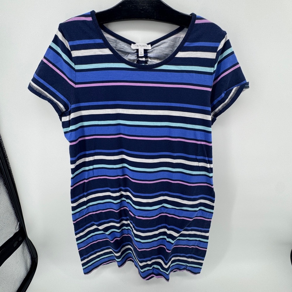 T by Talbots Womens Petite Large Blue Striped Short Sleeve Open Back Top LP - Picture 2 of 7